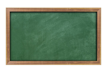 Empty green chalkboard with wooden frame isolated on transparent background. With copy space for...