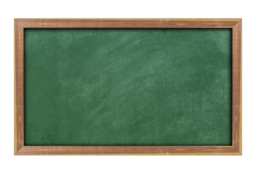 Empty green chalkboard with wooden frame isolated on transparent background. With copy space for text.