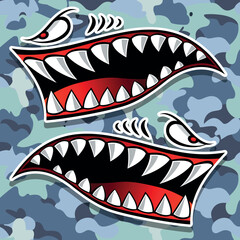 Motorcycle and car vector graphic Flying tigers shark teeth shark mouth vinyl decal biker helmet sticker on camouflage background
