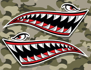 Shark teeth car decal angry Flying tigers bomber shark mouth motorcycle fuel tank sticker vector graphic on camouflage background