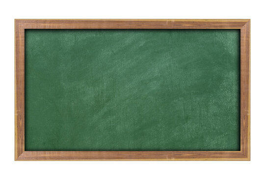Empty green chalkboard with wooden frame isolated on transparent background. With copy space for text.