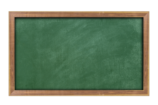 Empty green chalkboard with wooden frame isolated on transparent background. With copy space for text.