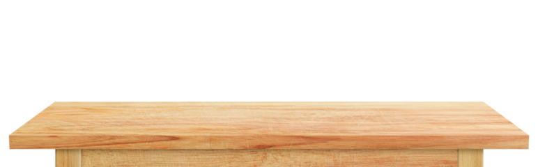 Empty wooden tabletop isolated on transparent background. rustic desk wood for placement or montage product display.