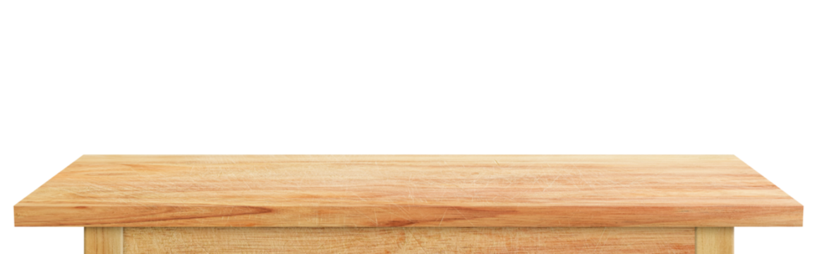 Empty wooden tabletop isolated on transparent background. rustic desk wood for placement or montage product display.