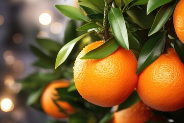 tangerines close-up with leaves and bokeh garlands in the background. Holiday concept - obrazy, fototapety, plakaty