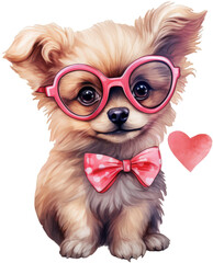 Fototapeta premium Watercolor art of cute puppy with bow and glasses. Valentine's Day dog illustration.