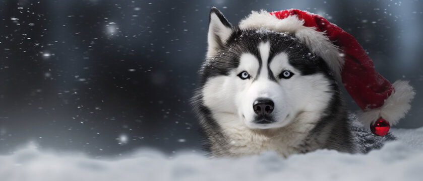 husky with santa claus hat in snow,generative ai