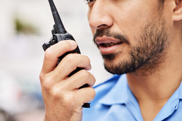 Walkie talkie, man and security guard for police service, backup support and safety. Closeup mouth...