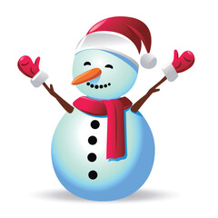 Snowman with red scarf and gloves isolated on white background. Vector illustration.