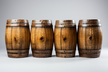 Fototapeta premium Wooden beer barrels set on a white background generative ai