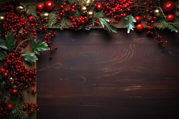 Christmas background with fir tree and decoration on a wooden board. free space
