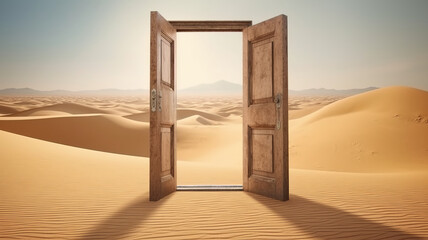 A door opened on desert. Start up concept generative ai - obrazy, fototapety, plakaty