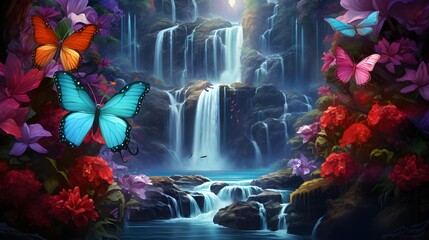 Beautiful waterfall view with colorful flowers and butterflies