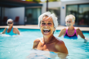 Obraz na płótnie Canvas Active senior women enjoying in a pool. Aqua fit class, water aerobics