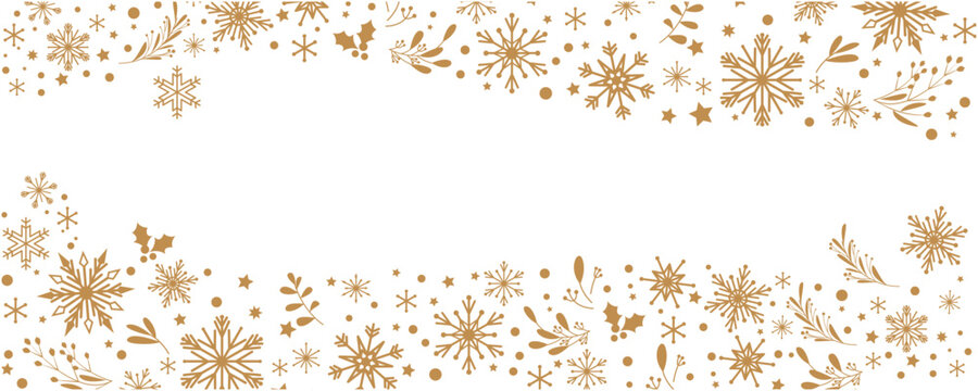 Gold Snow flakes decoration pattern. Winter illustration. Snow flakes, leaves and ornaments decoration background for winter holiday and Christmas. Vector illustration.