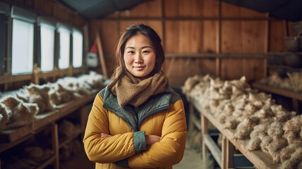 A smiling asian female chicken farmer stands with his arms folded in the poultry shed - obrazy, fototapety, plakaty