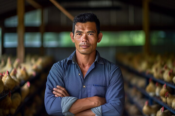 A smiling asian male chicken farmer stands with his arms folded in the poultry shed,generative ai - obrazy, fototapety, plakaty