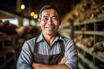 A smiling asian male chicken farmer stands with his arms folded in the poultry shed,generative ai - obrazy, fototapety, plakaty