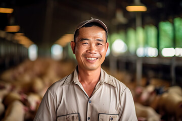 A smiling asian male pig farmer stands with his arms folded in the poultry shed generative ai - obrazy, fototapety, plakaty