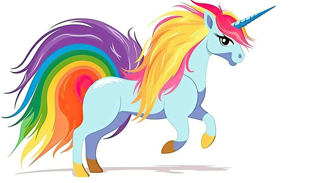 Cute magical running unicorn with rainbow hair, isolated on white background. Print for t-shirt or sticker. Romantic art. AI
