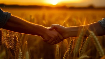 Foto op Plexiglas Two farmers shake hands in front of a wheat field.generative ai © LomaPari2021