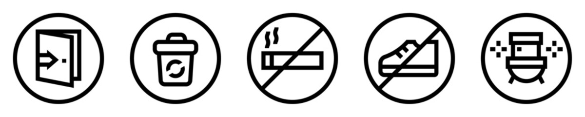 Conjunto de iconos de reglas del hogar. Señaléticas. Cerrar la puerta, desechar la basura, prohibido fumar, zapatos fuera, limpieza de baño. Ilustración vectorial - obrazy, fototapety, plakaty