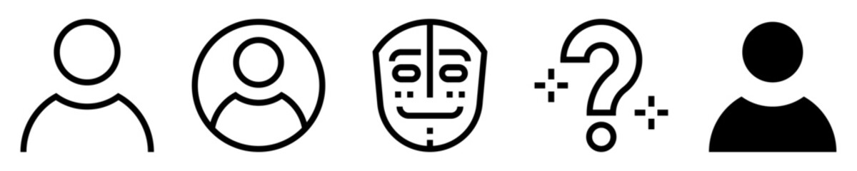 Conjunto de iconos de personajes anónimos. Silueta anónima, avatar, máscara, interrogación, sombra. Ilustración vectorial
