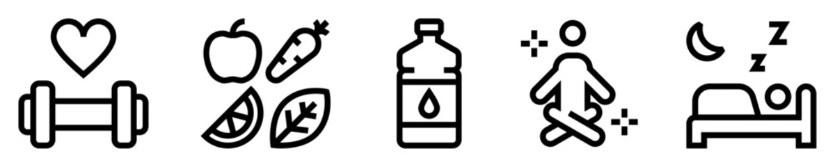 Conjunto de iconos de bienestar físico. Corazón con mancuerna, alimentación saludable, botella de agua, persona meditando, sueño y descanso. Ilustración vectorial