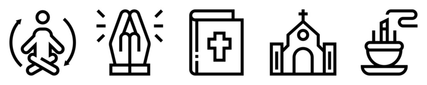 Conjunto de iconos de actividades espirituales. Meditaci&oacute;n, oraci&oacute;n, libro sagrado, Iglesia, Incienso. Ilustraci&oacute;n vectorial