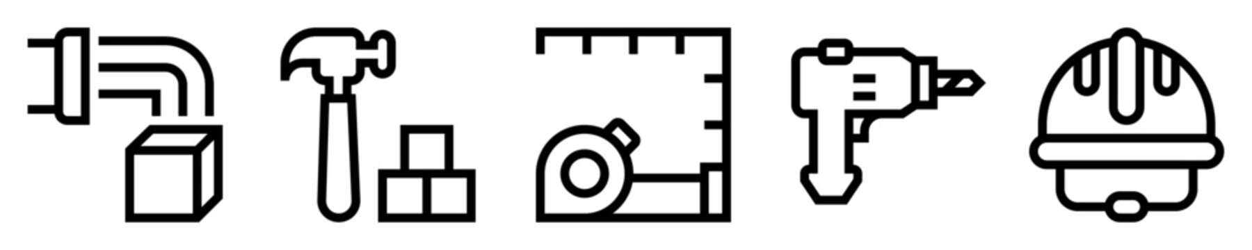 Conjunto de iconos de materiales y herramientas de construcci&oacute;n. Hormig&oacute;n, martillo, cinta m&eacute;trica, taladro, casco de seguridad. Ilustraci&oacute;n vectorial