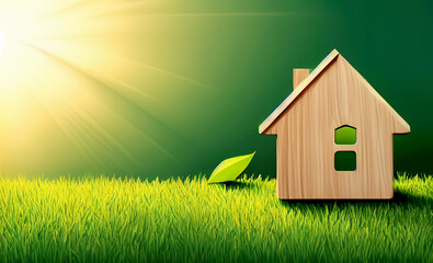 toy house model standing in green grass with a green leave, eco friendly concept, energy efficient solar powered housing