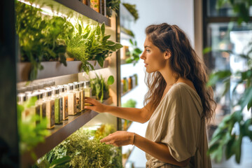 Younger woman curiously browsing organic, natural and eco-friendly cosmetic products in a store. A concept of conscious, sustainable lifestyle - obrazy, fototapety, plakaty