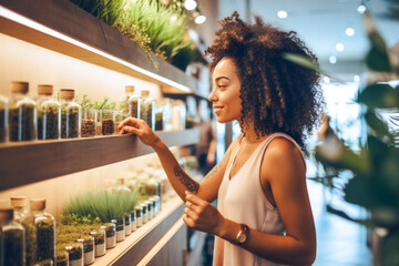 Younger African American woman curiously browsing organic, natural and eco-friendly cosmetic products in a store. A concept of conscious, sustainable lifestyle - obrazy, fototapety, plakaty