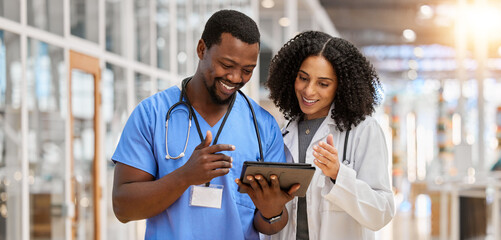 Tablet, happy collaboration or doctors reading healthcare results, clinic success info or medicine report. Hospital services, analysis and medical nurse, surgeon or people partnership on research job - Powered by Adobe