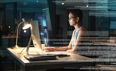 Computer, future hologram hud and woman review finance chart, stock market database or night overlay. Forex investment dashboard, online data analysis and African trader trading NFT or bitcoin crypto