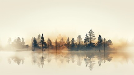 Serene trees standing tall on a white canvas - obrazy, fototapety, plakaty
