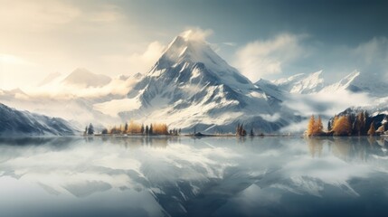 Majestic peaks doubling in presence, white space behind - obrazy, fototapety, plakaty
