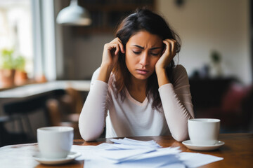 A portrait of a young woman sitting by a desk and being worried about bills and debt, finances, stress, financial challenges, budgeting. A concept of financial instability - obrazy, fototapety, plakaty