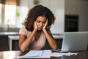 Obraz premium A portrait of a young woman sitting by a desk and being worried about bills and debt, finances, stress, financial challenges, budgeting. A concept of financial instability