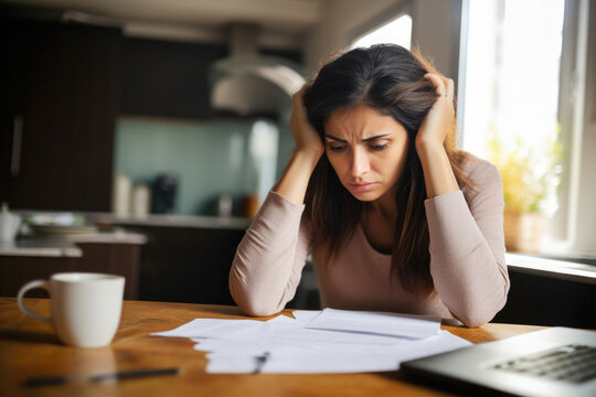 A portrait of a young woman sitting by a desk and being worried about bills and debt, finances, stress, financial challenges, budgeting. A concept of financial instability