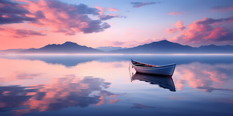 Peaceful dawn over a calm lake with a solitary rowing boat in the distance Boat on the sea at...