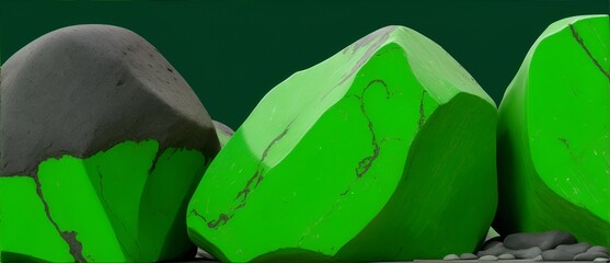 Green rocks formations on plain black background from Generative AI