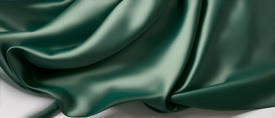 Fototapeta premium Shiny wavy folded dark green satin fabric on plain white background from Generative AI
