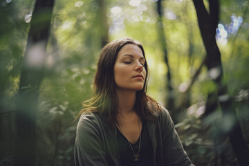 Beautiful Woman Meditating In Forest; AI Generated - 671914869