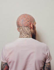 Man With Brain Tattoo On Shaved Head; AI Generated - 671914875