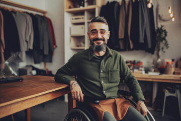 Confident Clothing Store Owner Sit In Wheelchair; AI Generated - 671914876