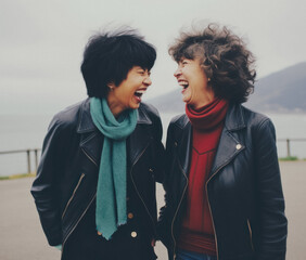Cheerful Female Friends Laughing At Promenade; AI Generated - 671914878