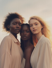 Multiethnic Female Fashion Models Standing Against Sky; AI Generated - 671914885