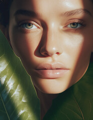 Beautiful Woman With Perfect Skin And Leaves; AI Generated - 671914899