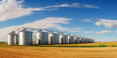 Grain silos in corn field silver tanks wheat granary Silos in a barley field storage of agricultural production AI generative - obrazy, fototapety, plakaty